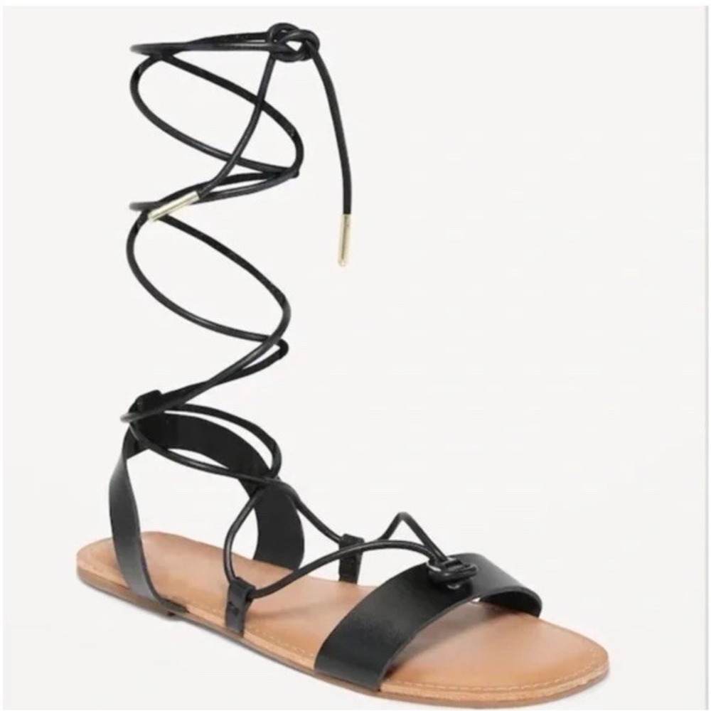 Womens 6 1/2 Ankle Calf High Black Strap‎ Gladiator Flat Sandles Old Navy New